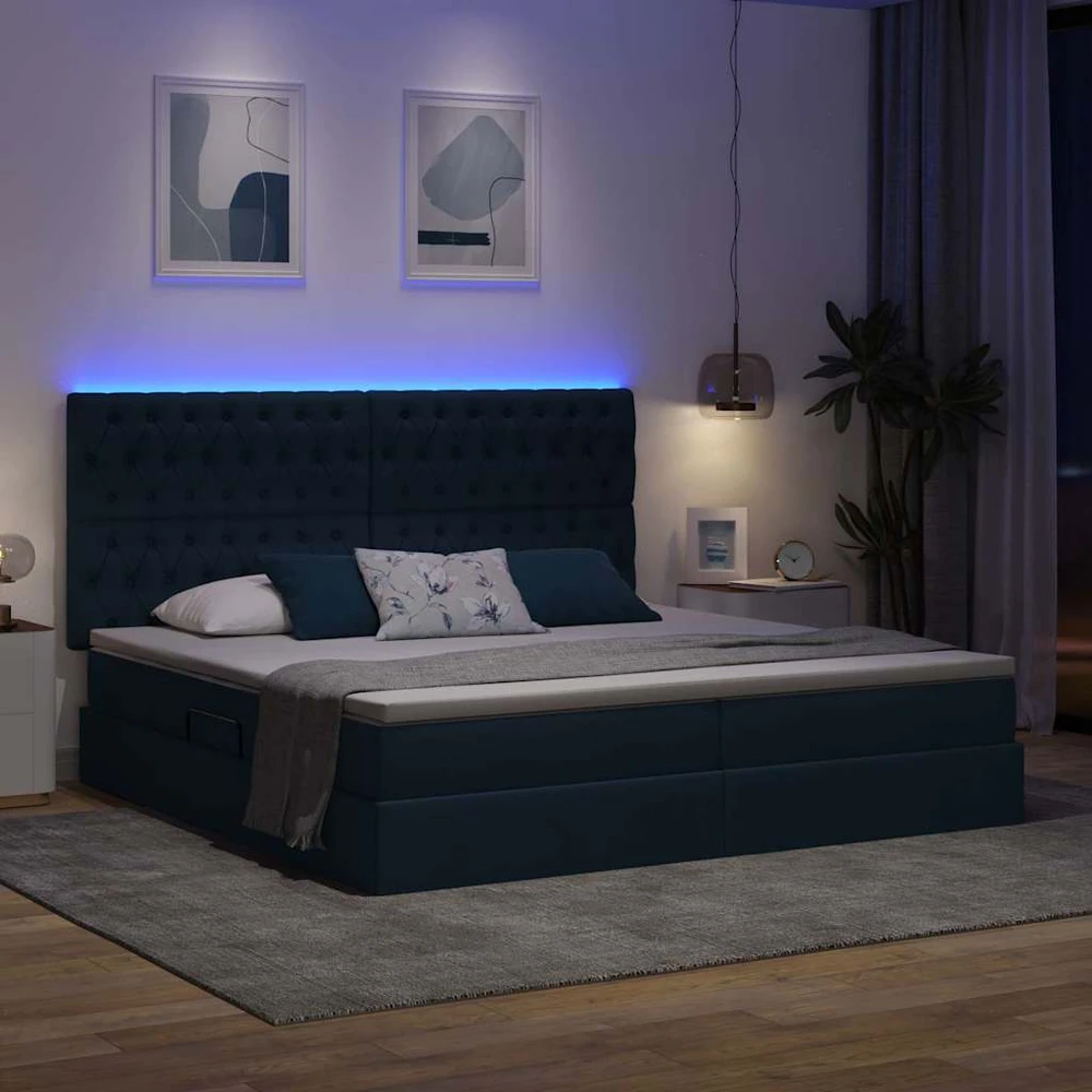 LED saugojimo lova su čiužiniu Mėlyna 200 x 200 cm Audinys