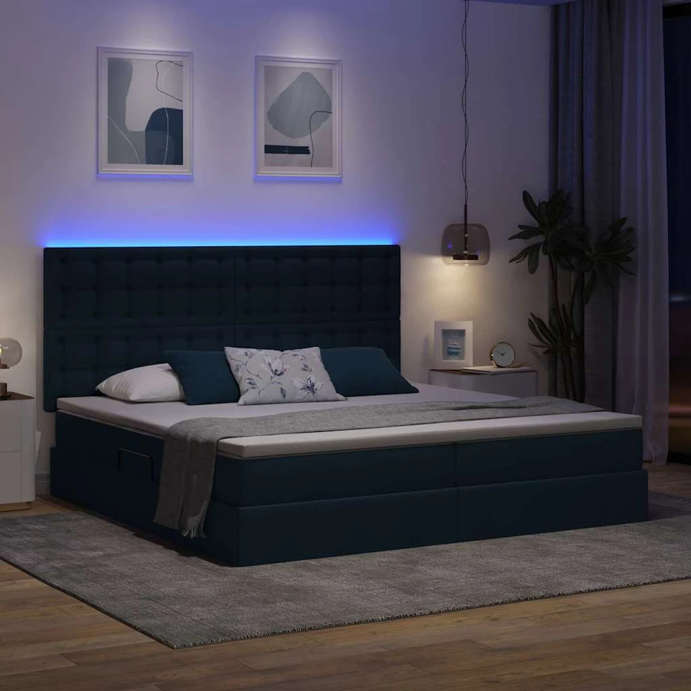 LED saugojimo lova su čiužiniu Mėlyna 200 x 200 cm Audinys