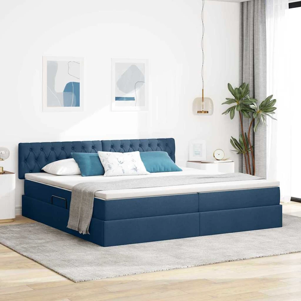 LED saugojimo lova su čiužiniu Mėlyna 200 x 200 cm Audinys