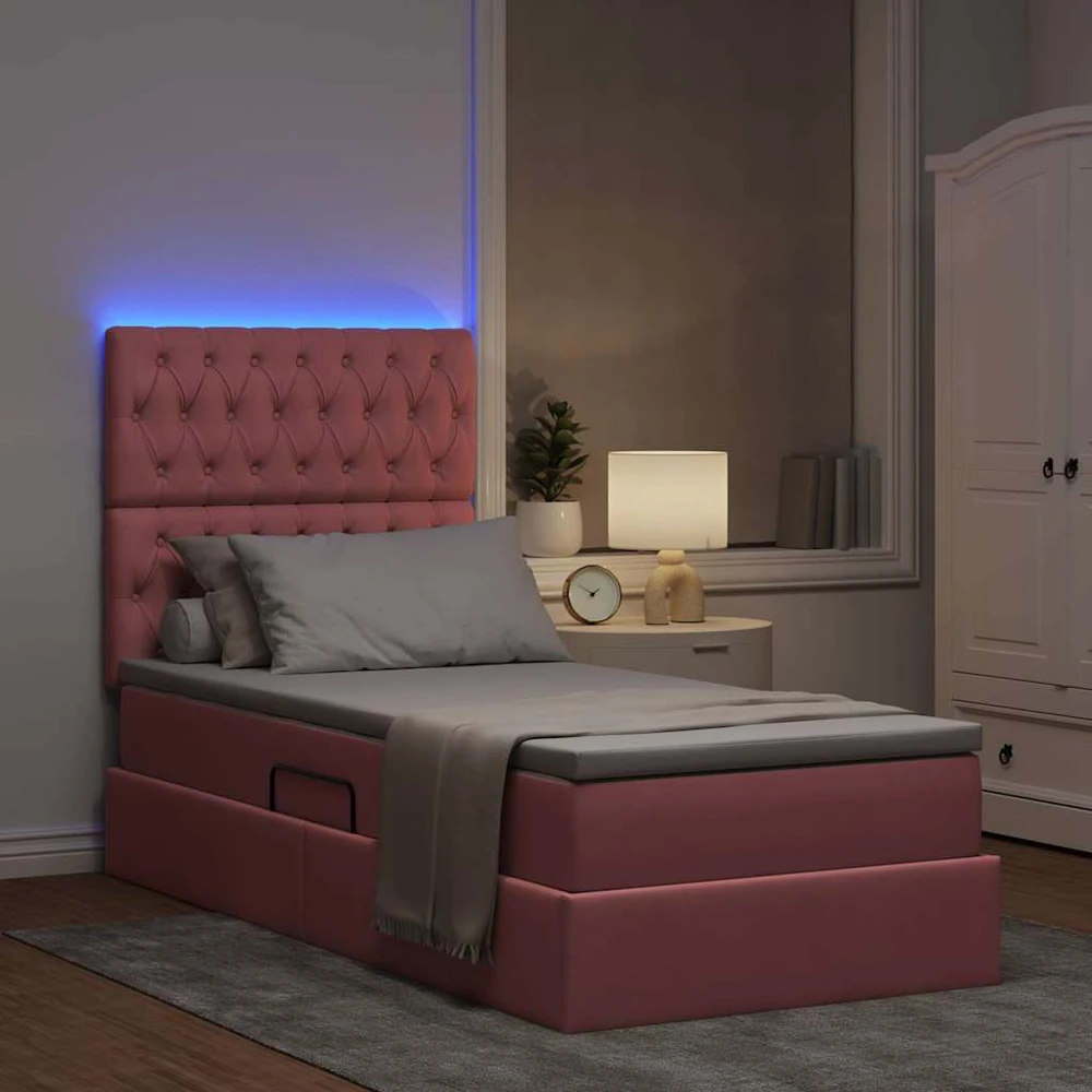 LED saugojimo lova su čiužiniu Rožinė 100 x 200 cm Aksomas