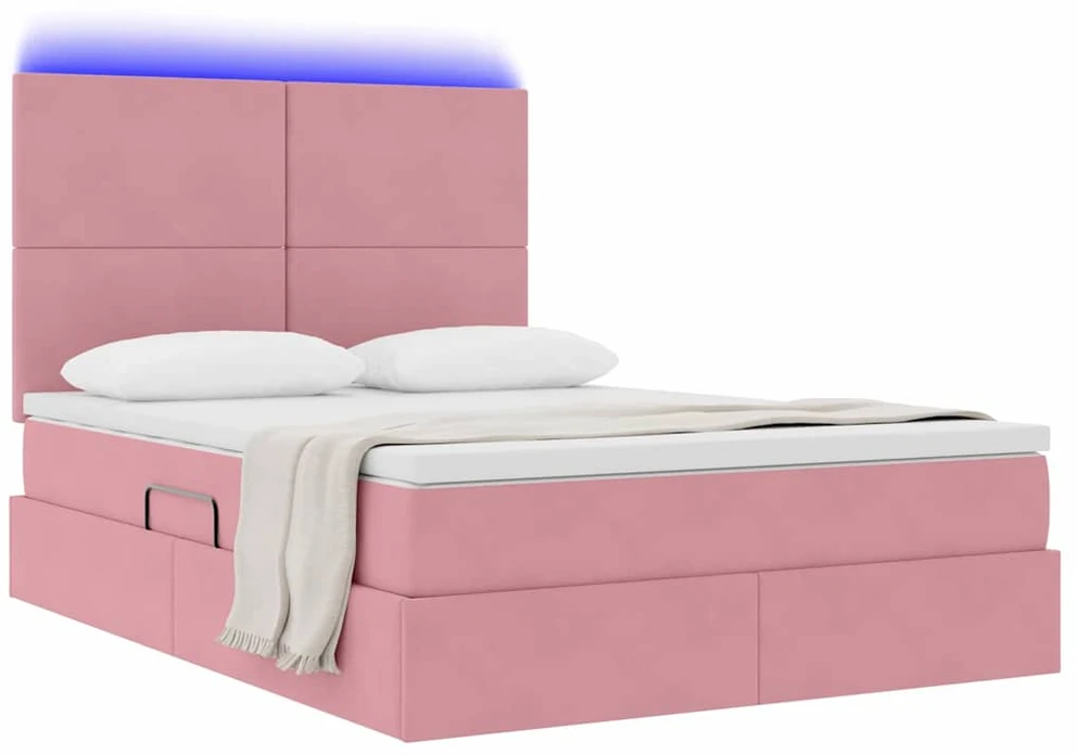 LED saugojimo lova su čiužiniu Rožinė 140 x 190 cm Aksomas