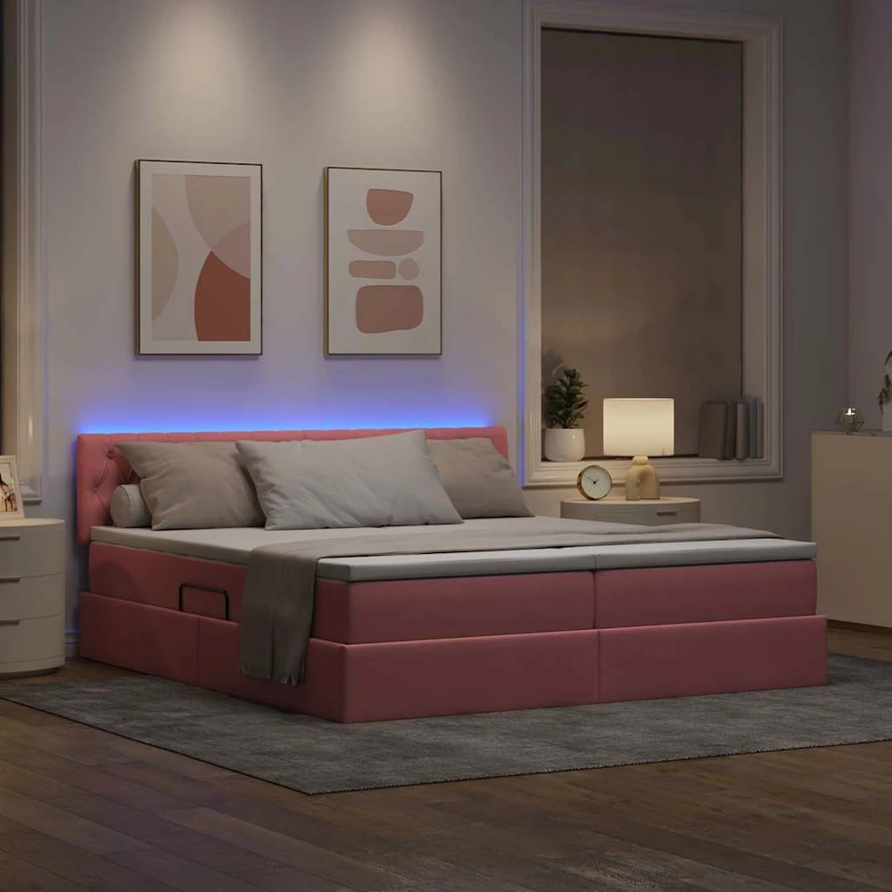 LED saugojimo lova su čiužiniu Rožinė 180 x 200 cm Aksomas