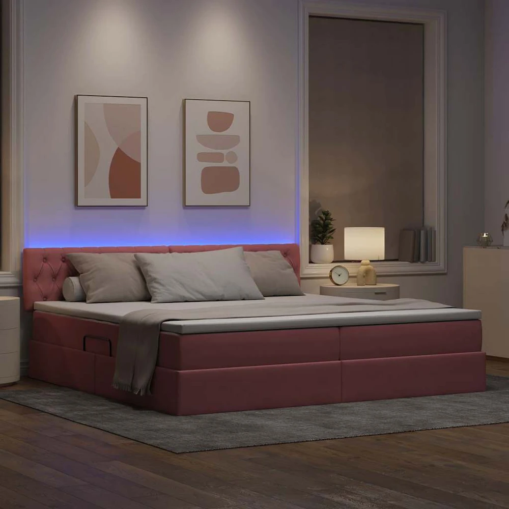 LED saugojimo lova su čiužiniu Rožinė 200 x 200 cm Aksomas