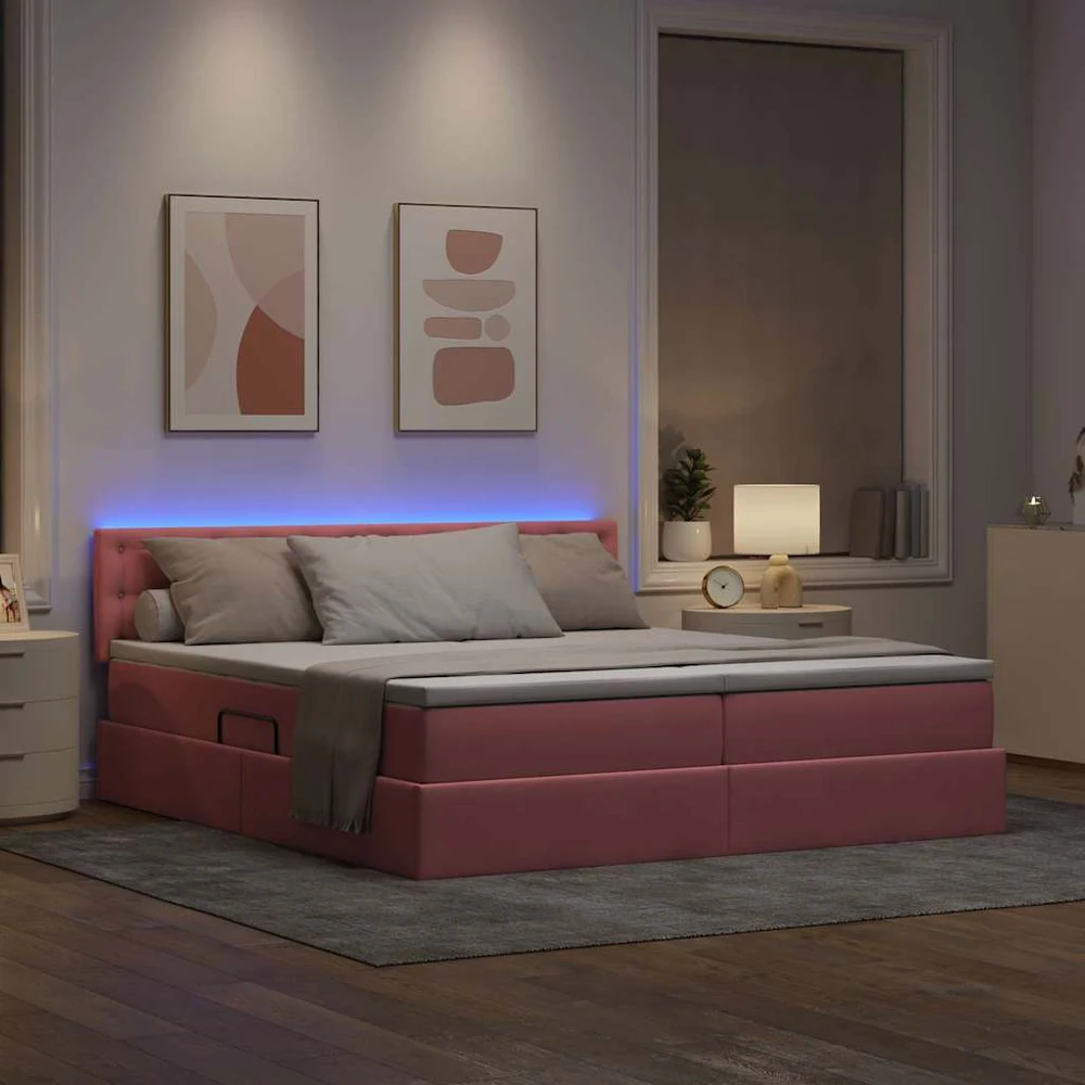 LED saugojimo lova su čiužiniu Rožinė 200 x 200 cm Aksomas
