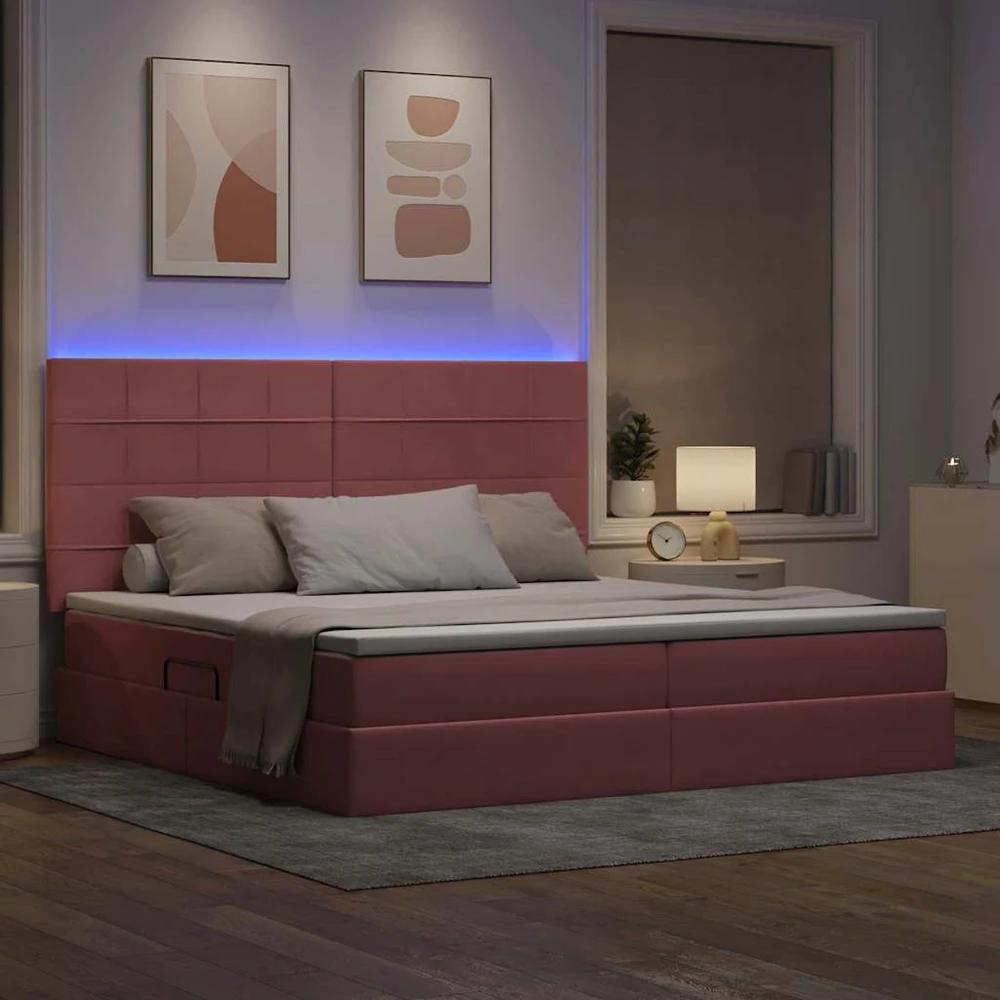 LED saugojimo lova su čiužiniu Rožinė 200 x 200 cm Aksomas