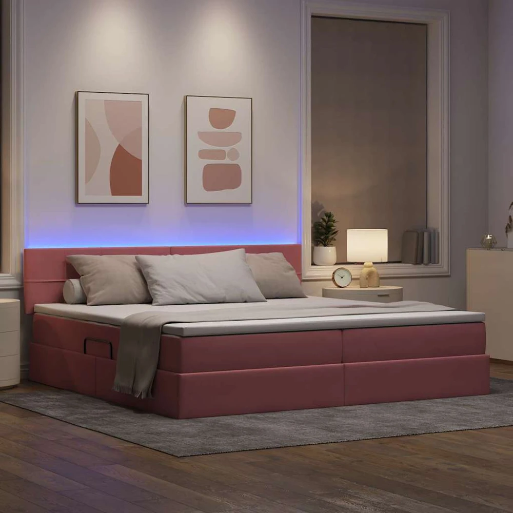 LED saugojimo lova su čiužiniu Rožinė 200 x 200 cm Aksomas