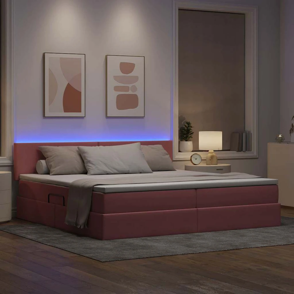 LED saugojimo lova su čiužiniu Rožinė 200 x 200 cm Aksomas