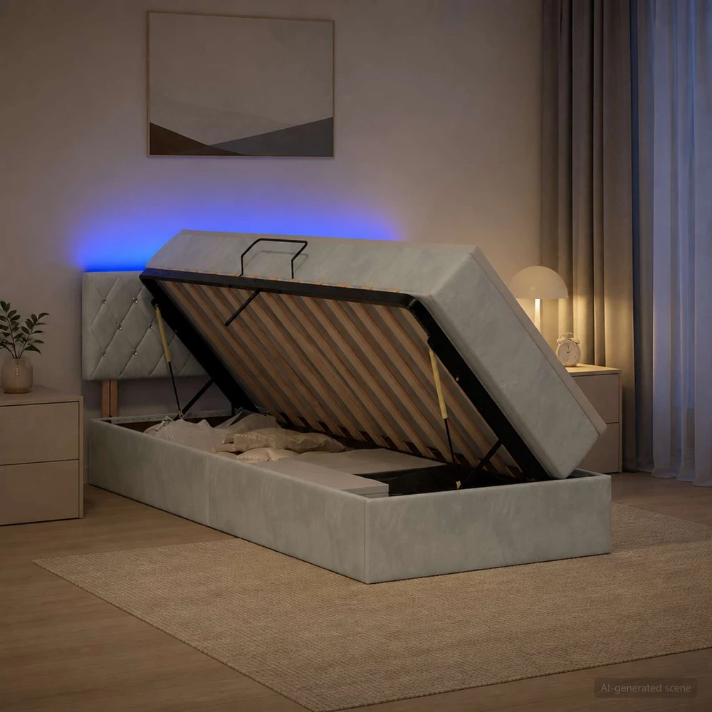 LED saugojimo lova su čiužiniu Šviesiai pilka 90 x 190 cm
