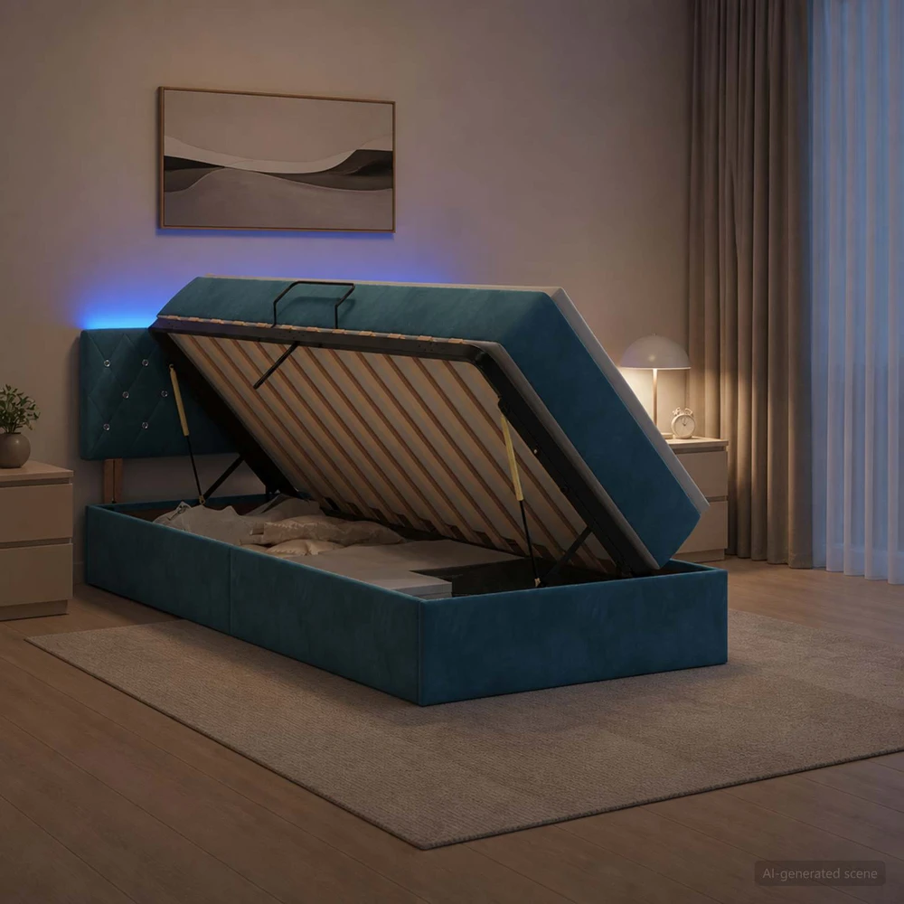 LED saugojimo lova su čiužiniu Tamsiai mėlyna 90 x 200 cm