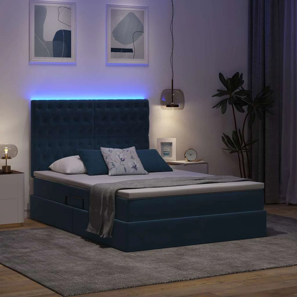 LED saugojimo lova su čiužiniu Tamsiai mėlyna 140 x 200 cm