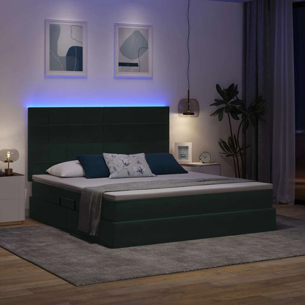 LED saugojimo lova su čiužiniu Tamsiai žalia 160 x 200 cm