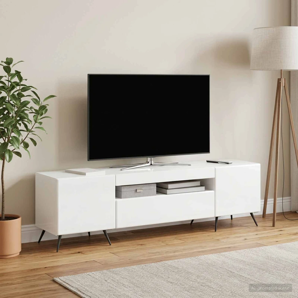 TV staliukas LED televizoriaus spintelė Itin blizgi balta Apdirbta mediena