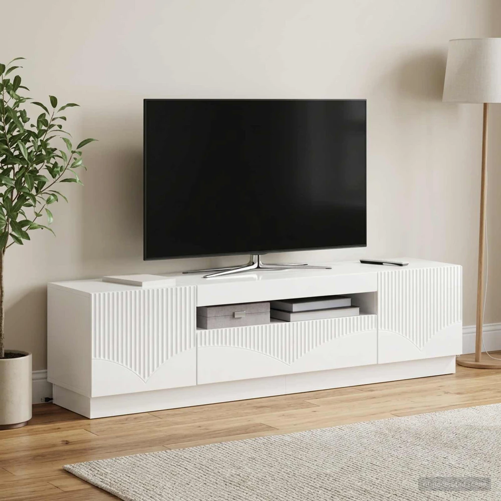 TV staliukas LED televizoriaus spintelė Itin blizgi balta Apdirbta mediena
