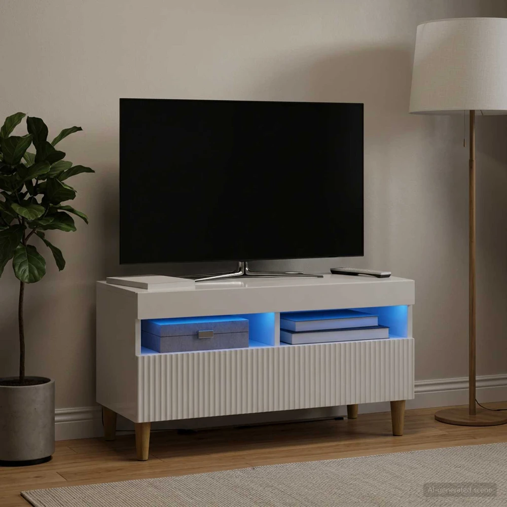 TV staliukas LED televizoriaus spintelė Itin blizgi balta Apdirbta mediena