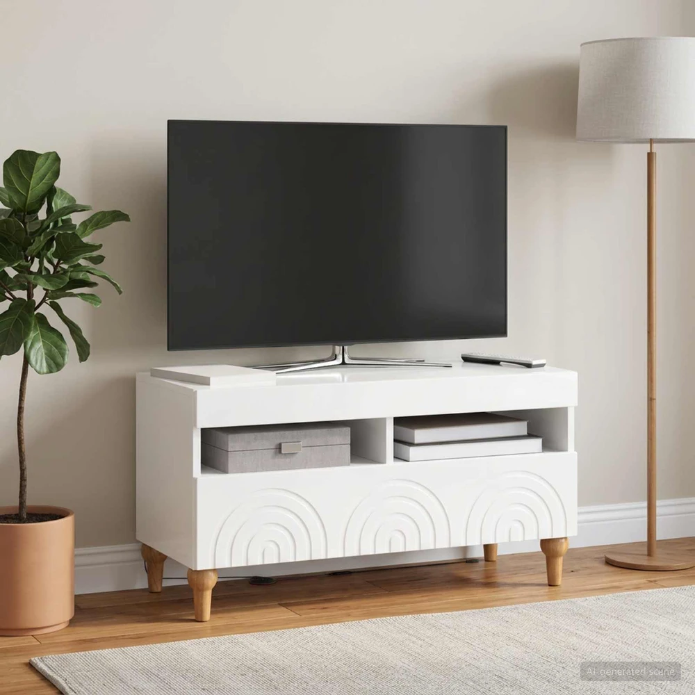 TV staliukas LED televizoriaus spintelė Itin blizgi balta Apdirbta mediena