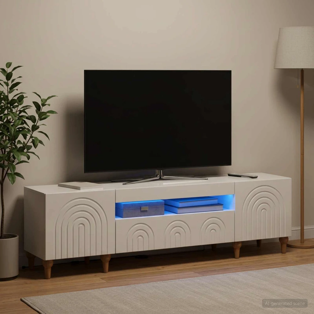 TV staliukas LED televizoriaus spintelė Itin blizgi balta Apdirbta mediena