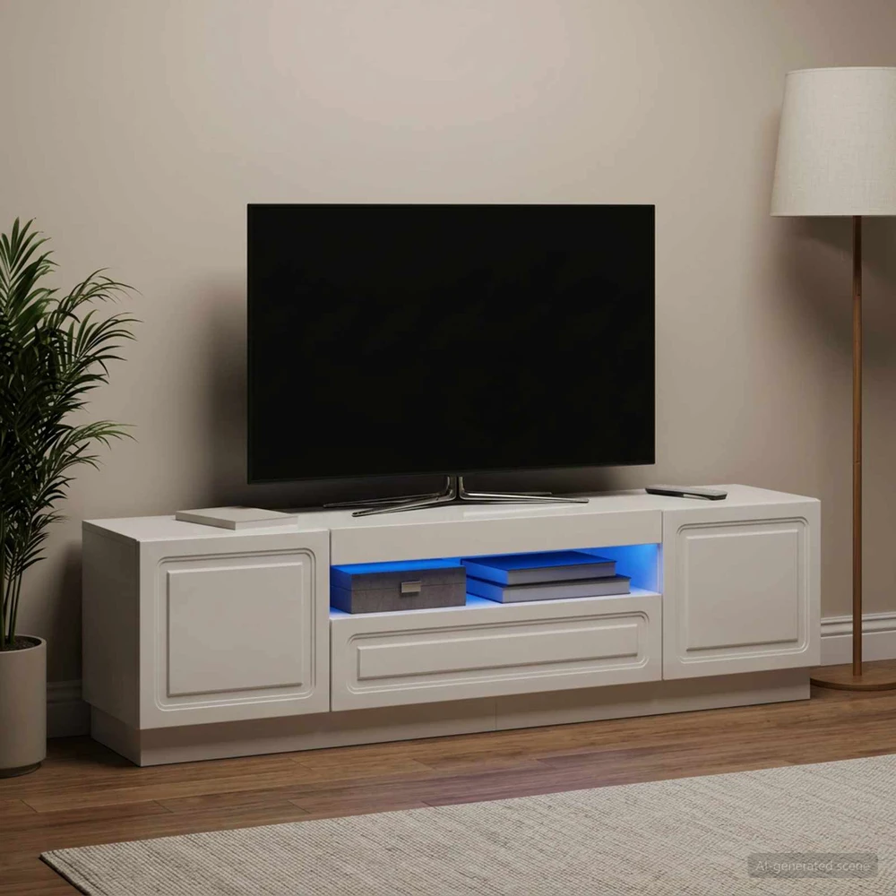 TV staliukas LED televizoriaus spintelė Itin blizgi balta Apdirbta mediena