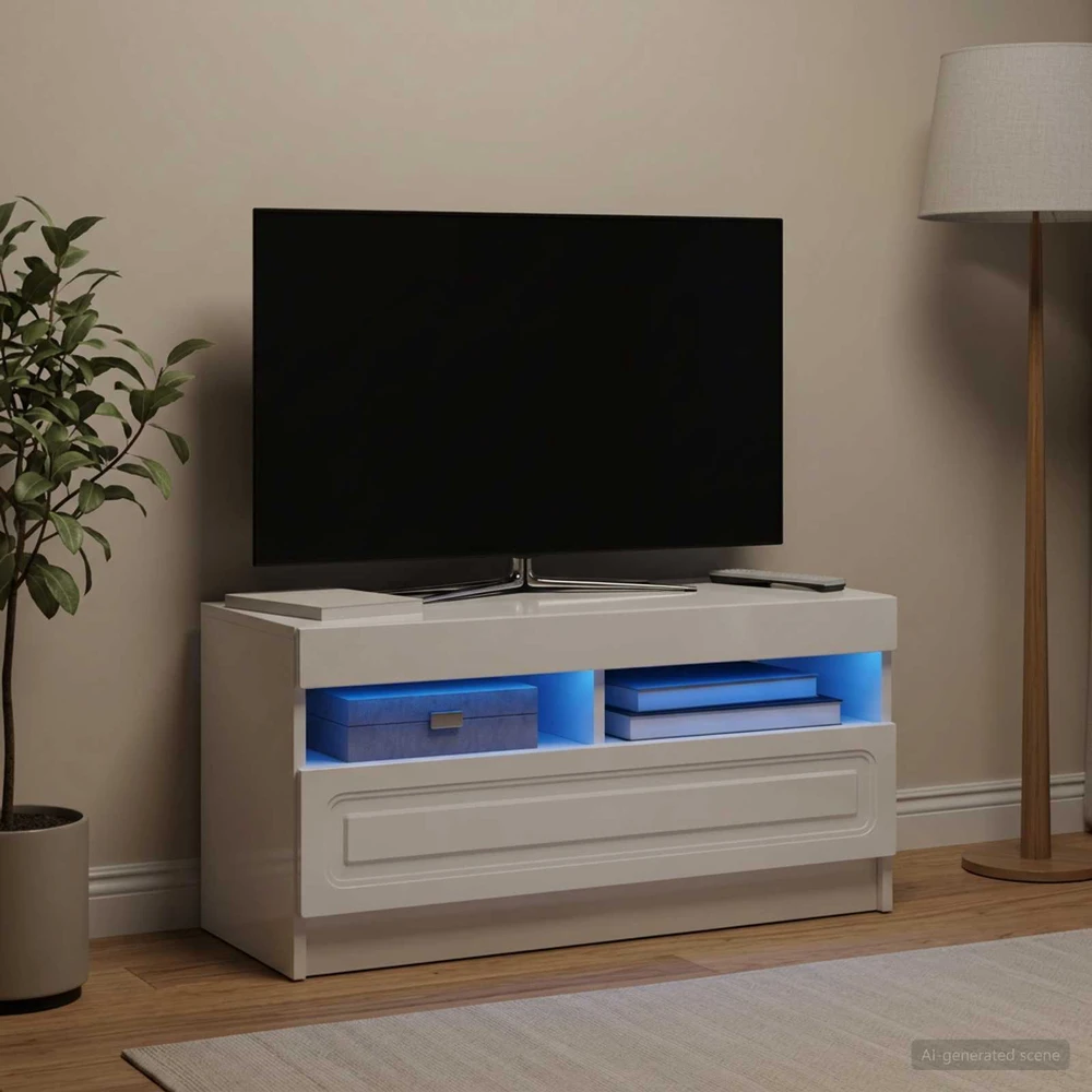 TV staliukas LED televizoriaus spintelė Itin blizgi balta Apdirbta mediena