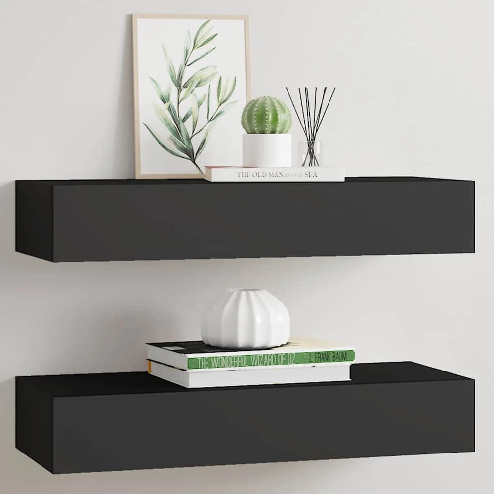 Lentynos su stalčiais, 2vnt., juodos, 60x23,5x10cm, MDF