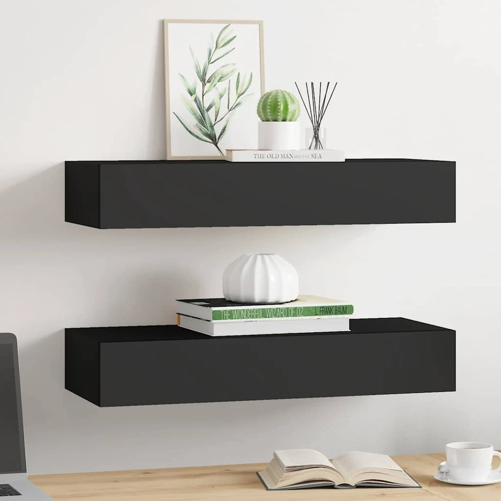 Lentynos su stalčiais, 2vnt., juodos, 60x23,5x10cm, MDF