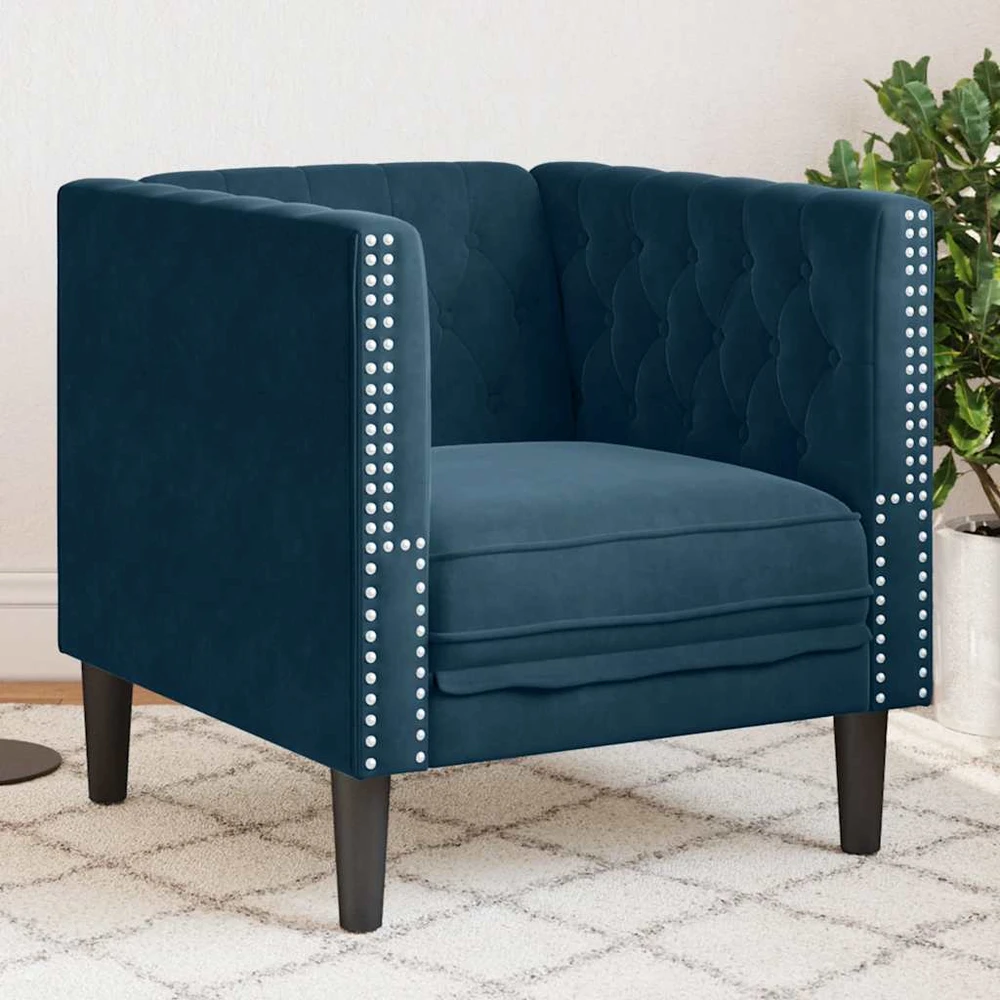 Fotelis Chesterfield krėslas, mėlynos spalvos, aksomas