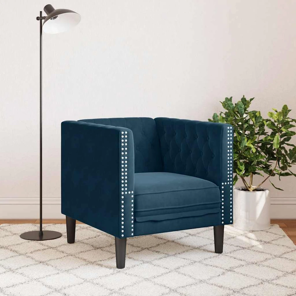 Fotelis Chesterfield krėslas, mėlynos spalvos, aksomas