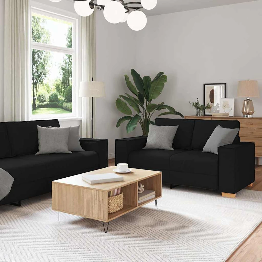 Sofa Dviejų dalių sofos komplektas su pagalvėlėmis, juodas audinys