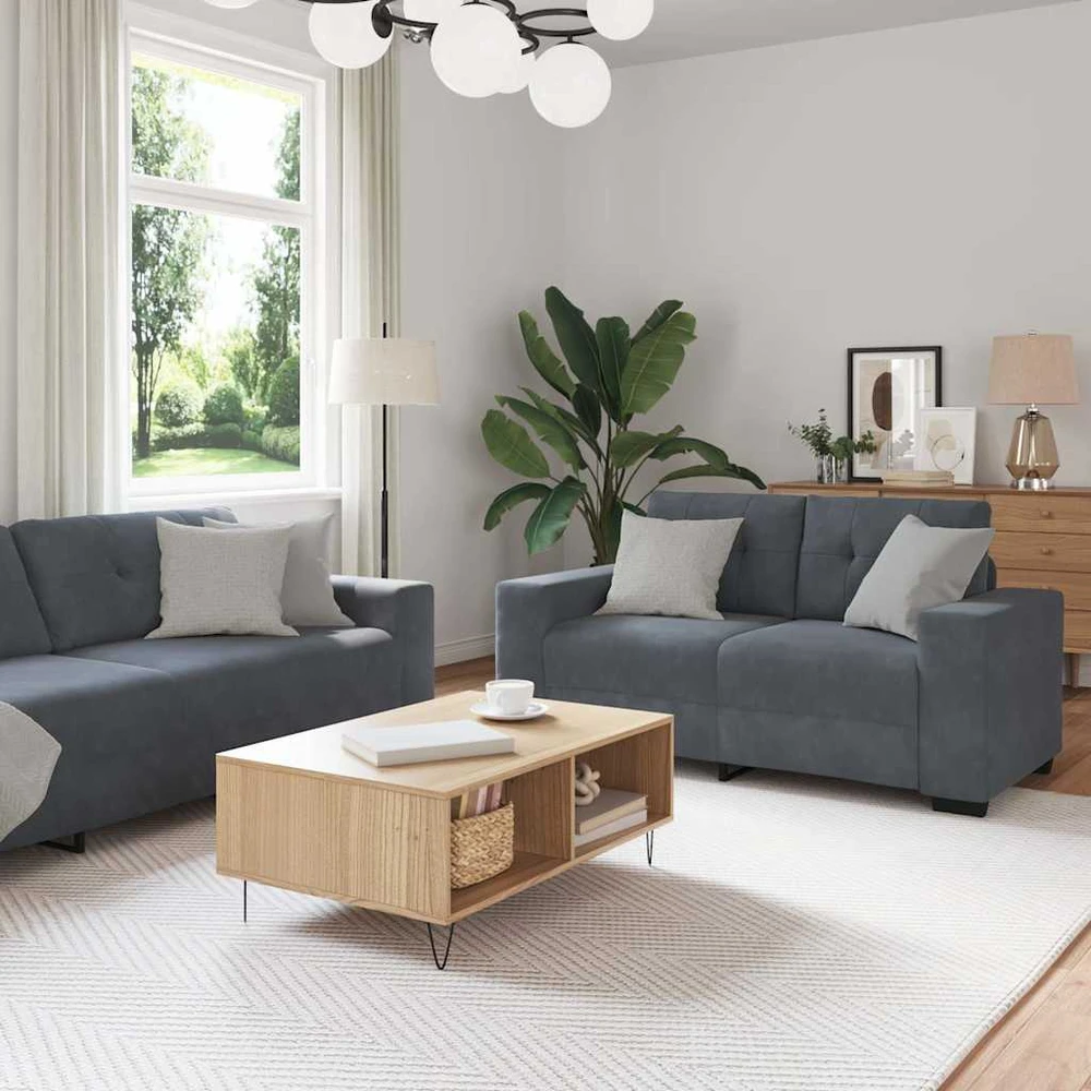Sofa Dviejų dalių sofos komplektas su pagalvėlėmis, tamsiai pilkas, aksomas