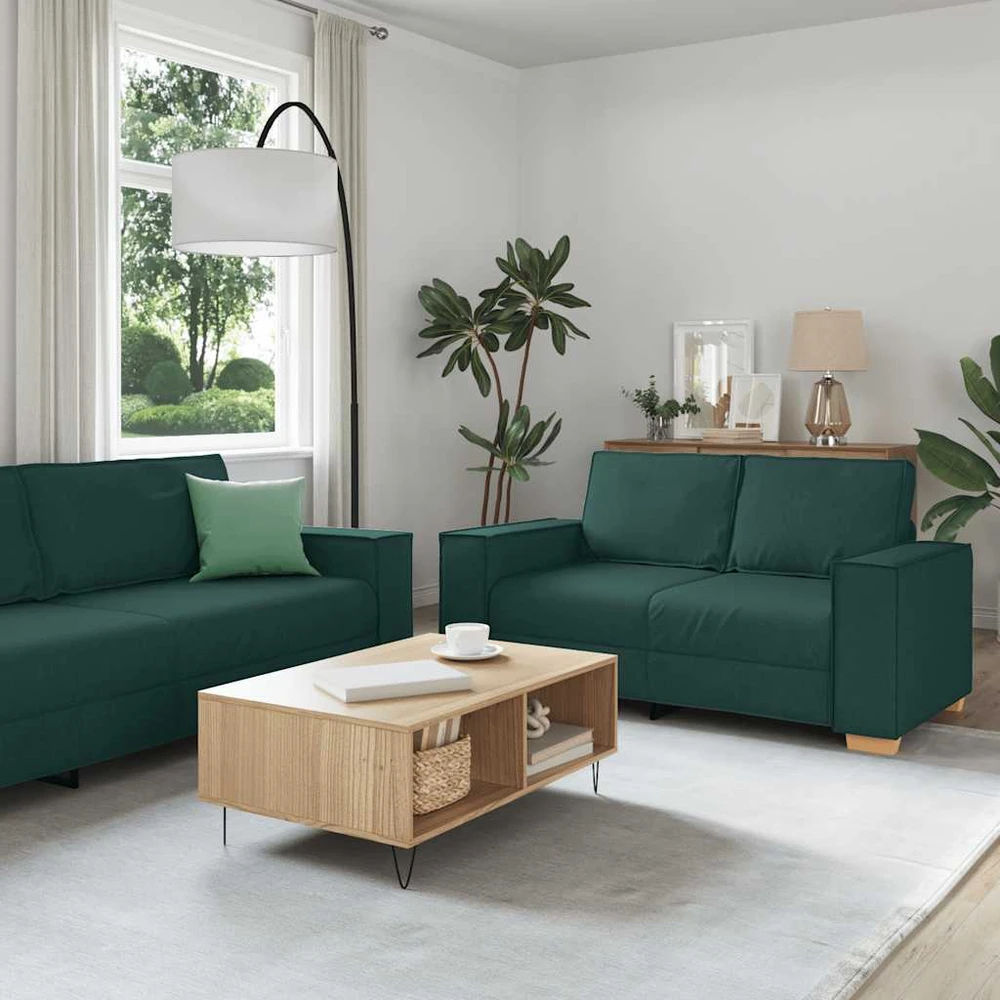 Sofa Dviejų dalių sofos komplektas su pagalvėlėmis, tamsiai žalias audinys