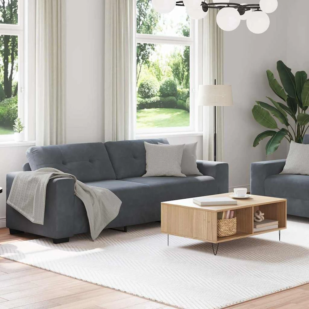 Sofa Dviejų dalių sofos komplektas su pagalvėlėmis, tamsiai pilkas, aksomas