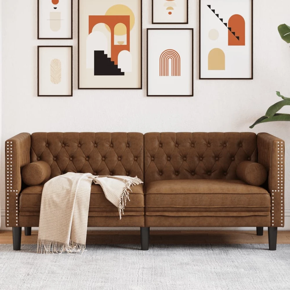 Dvivietė chesterfield sofa su pagalvėlėmis, ruda, dirbtinė oda