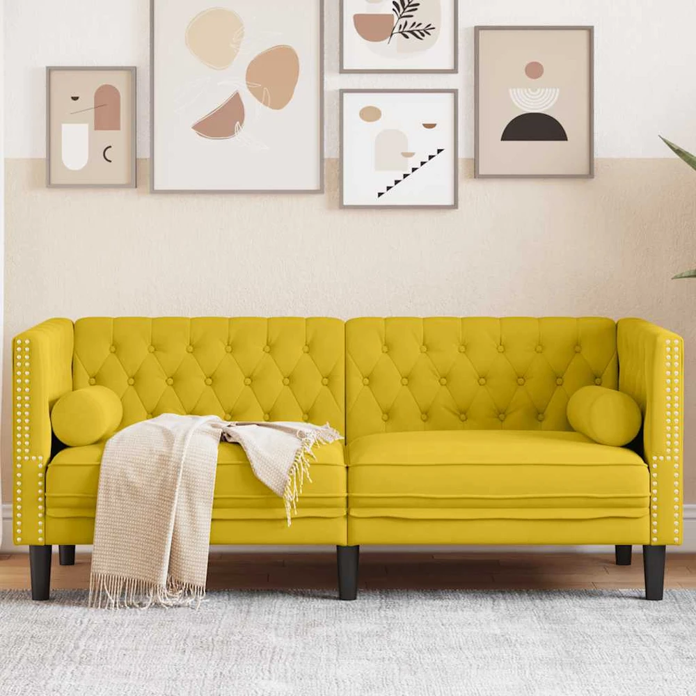 Dvivietė chesterfield sofa su pagalvėlėmis, geltona, aksomas