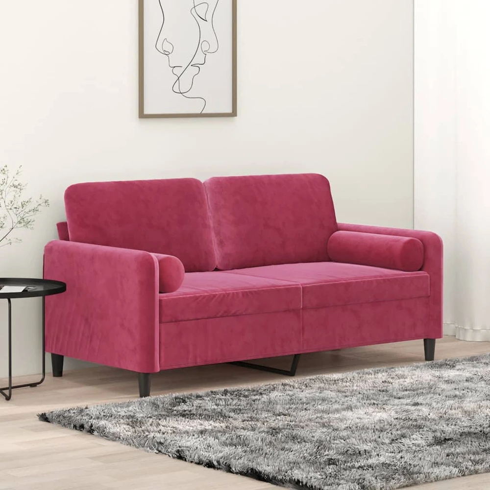 Dvivietė sofa su pagalvėlėmis, raudonojo vyno, 140cm, aksomas
