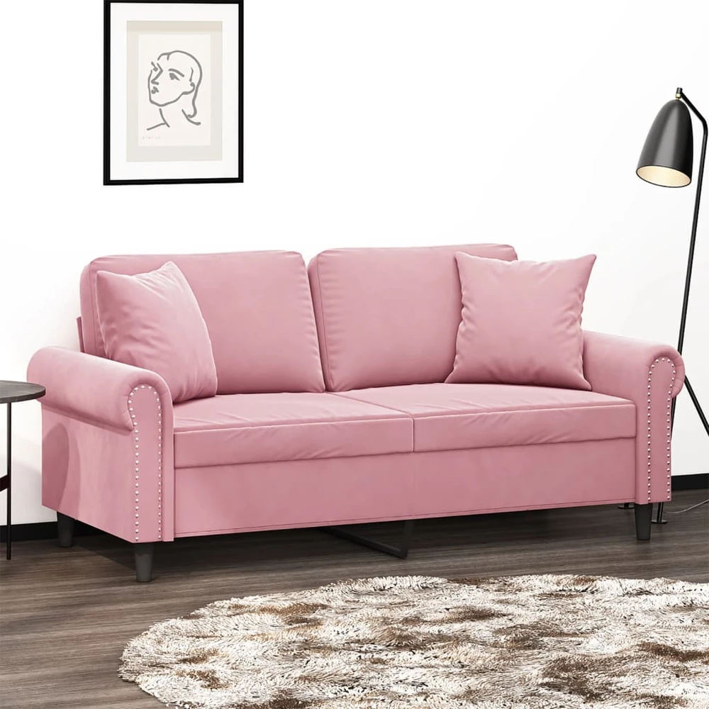 Dvivietė sofa su pagalvėlėmis, rožinės spalvos, 140cm, aksomas