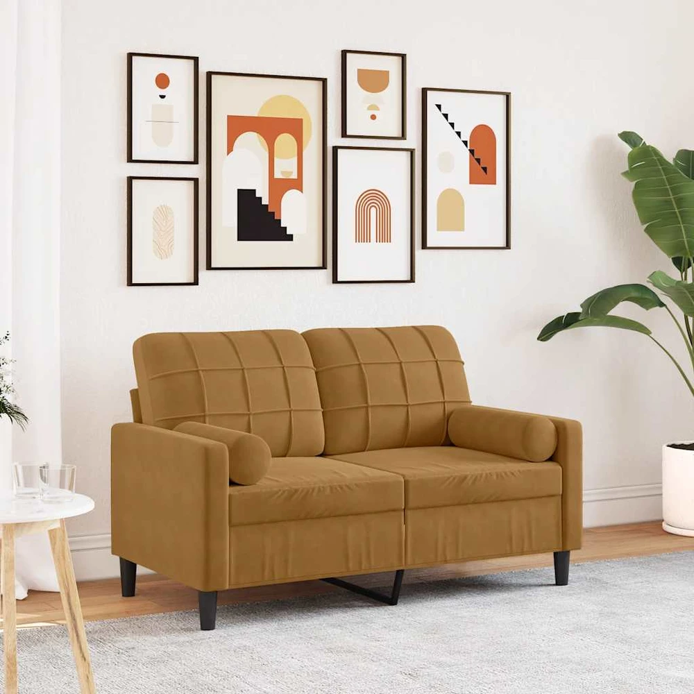 Dvivietė sofa su pagalvėlėmis, rudos spalvos, 120cm, aksomas