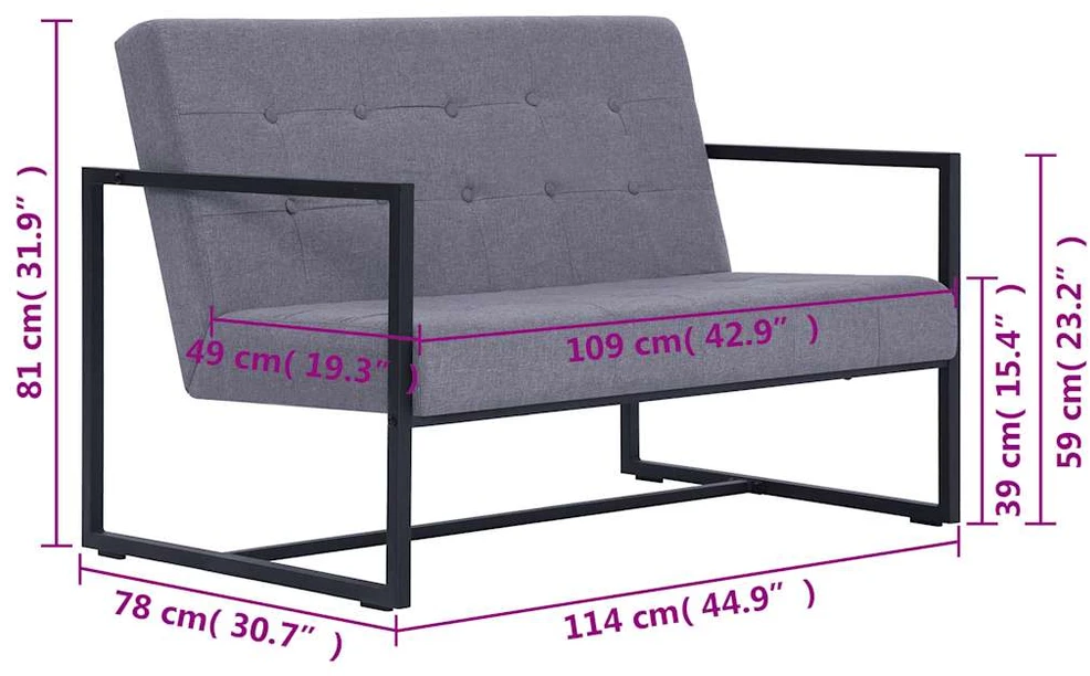 Dvivietė sofa su porankiais, šviesiai pilka, plienas ir audinys