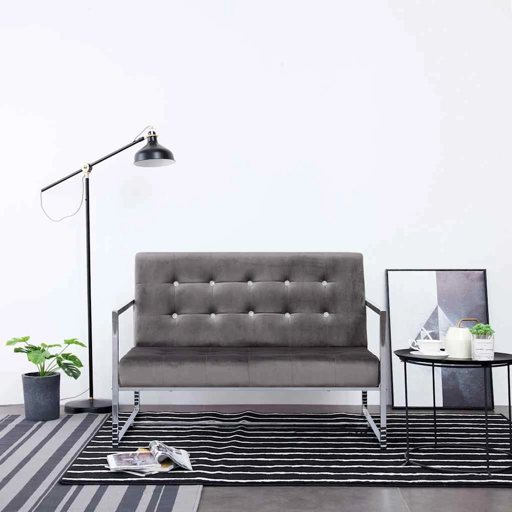 Dvivietė sofa su porankiais, tamsiai pilka, chromas ir aksomas