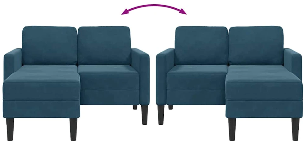 Dvivietė sofa su šezlongu, L formos, mėlyna, 125 cm, aksomas