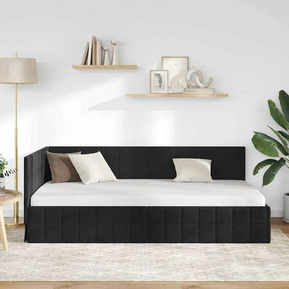 Lova Kampinė lovos konstrukcija Juoda 90 cm x 200 cm Aksomas