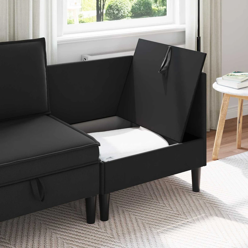 Kampinė Sofa su Saugykla Juoda Aksomas