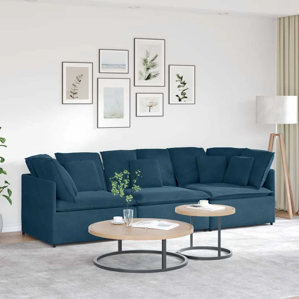 Modulinė sofa su pagalvėlėmis, aksominė, mėlyna