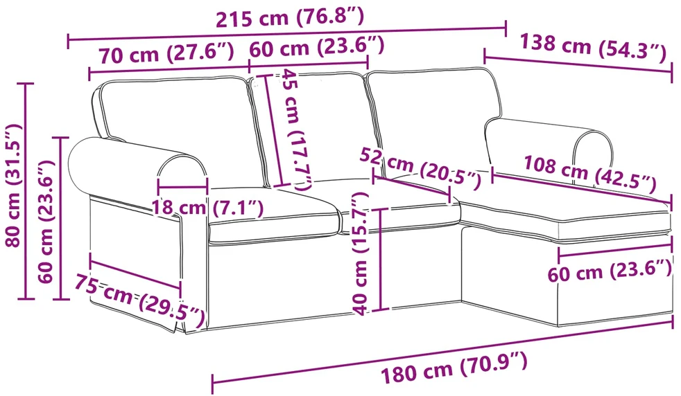 Sofa Kreminė 215 x 138 x 80 cm audinys