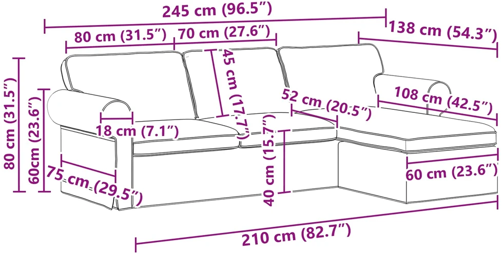 Sofa Tortora 245 x 138 x 80 cm audinys