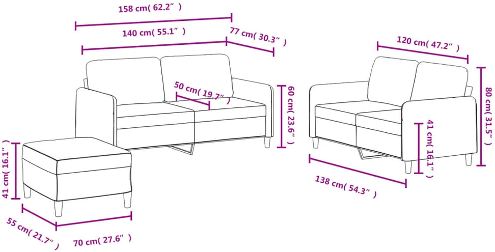 Sofa Sofos komplektas, 3 dalių, rožinės spalvos, aksomas