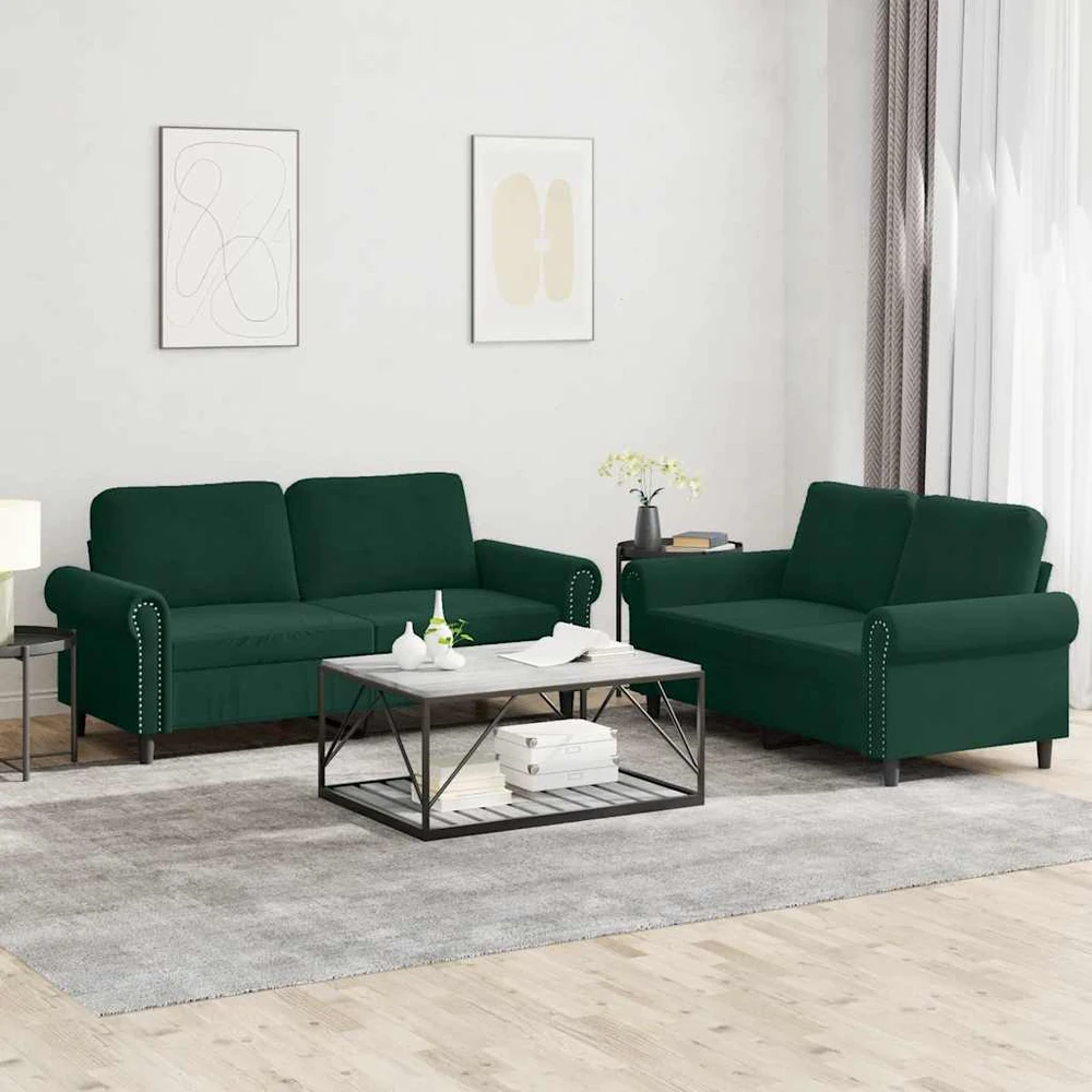 Sofa Sofos komplektas su pagalvėlėmis, 2 dalių, žalias, aksomas