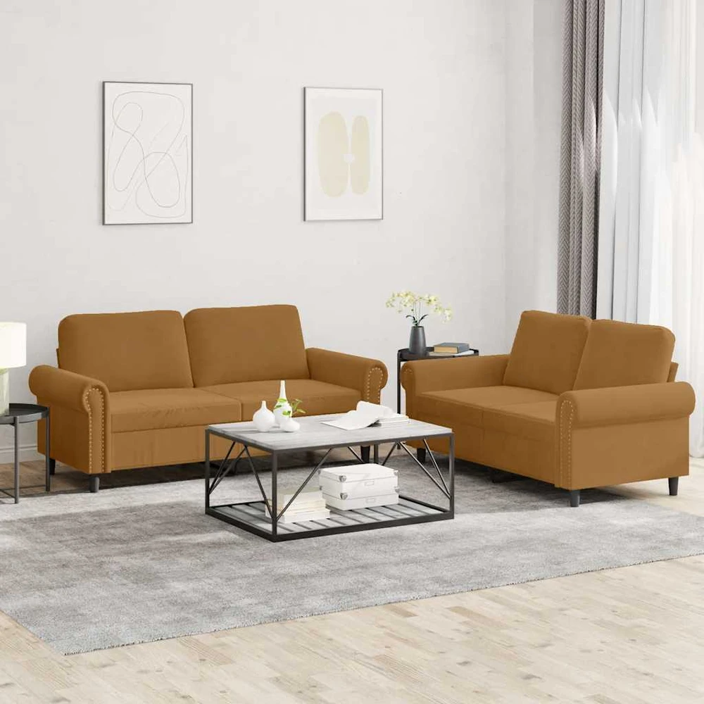 Sofa Sofos komplektas su pagalvėlėmis, 2 dalių, rudas, aksomas