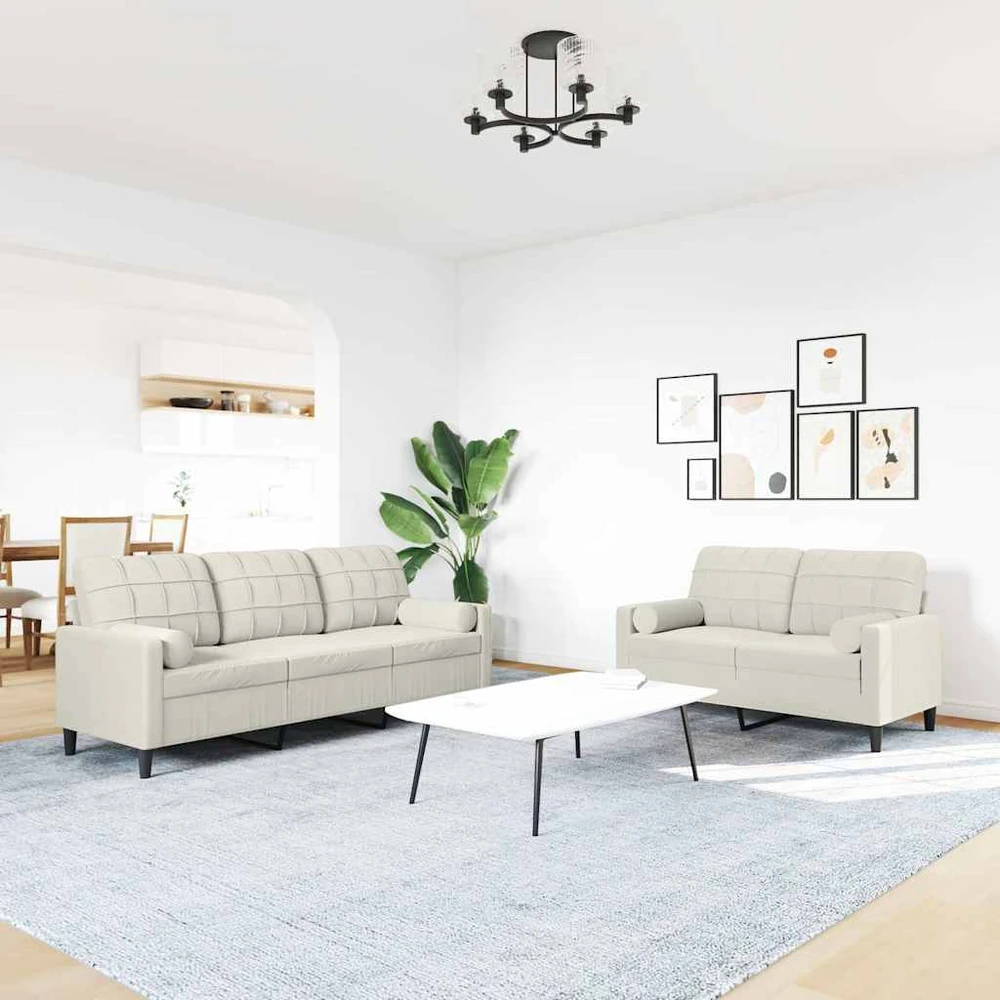 Sofa Sofos komplektas su pagalvėlėmis, 2 dalių, kreminis, aksomas