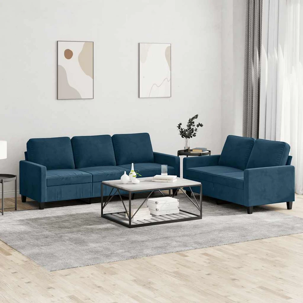 Sofa Sofos komplektas su pagalvėlėmis, 2 dalių, mėlynas, aksomas