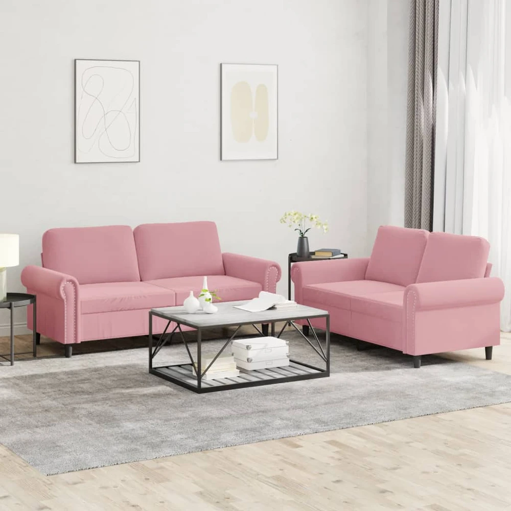 Sofa Sofos komplektas su pagalvėlėmis, 2 dalių, rožinis, aksomas