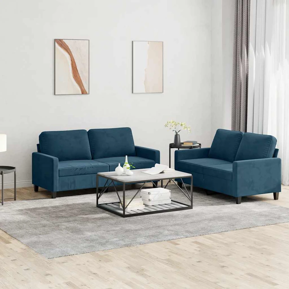 Sofa Sofos komplektas su pagalvėlėmis, 2 dalių, mėlynas, aksomas